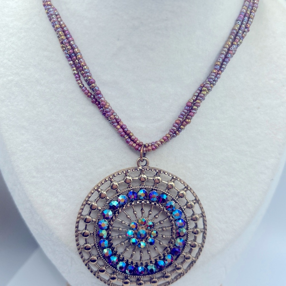 Erica Lyons Lg Round AB Beaded & Round Goldtone Pendant Necklace Statement